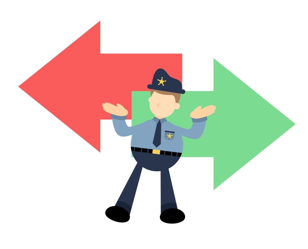 A cartoon policeman pointing to two arrows vector