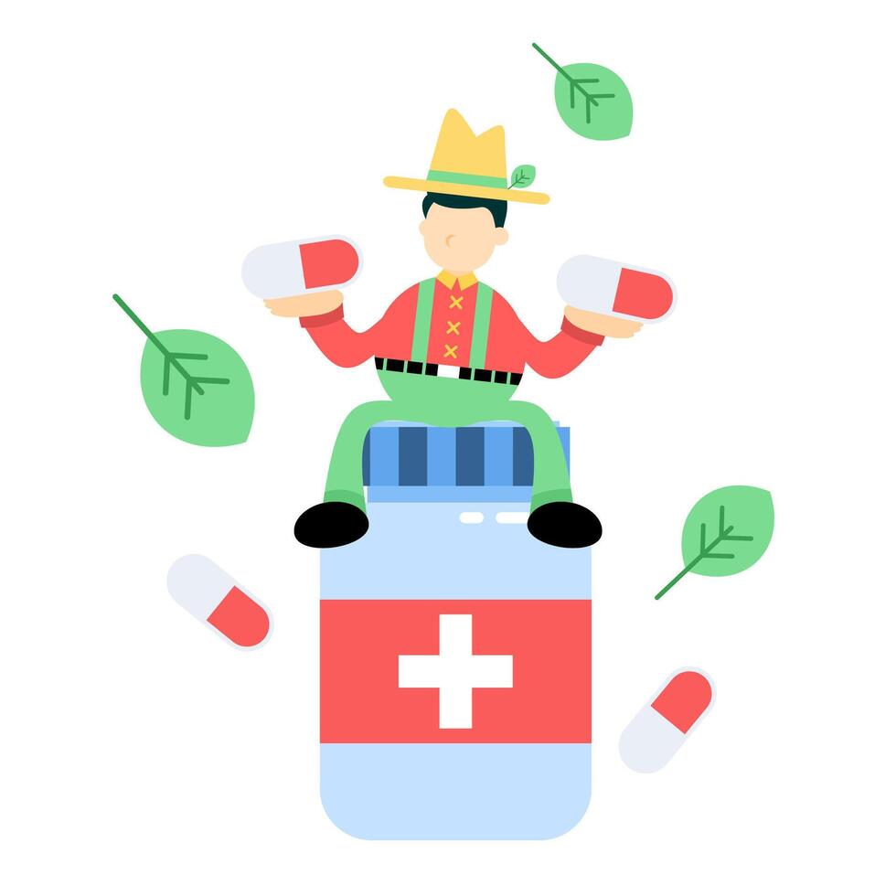 A man sitting on top of a pill bottle with a swiss flag vector