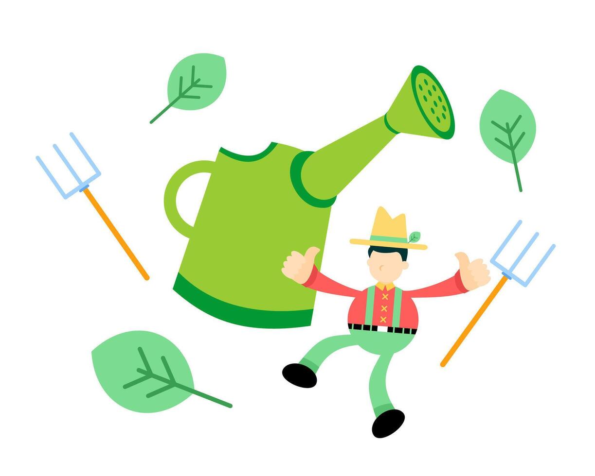A man is holding a watering can and a rake vector