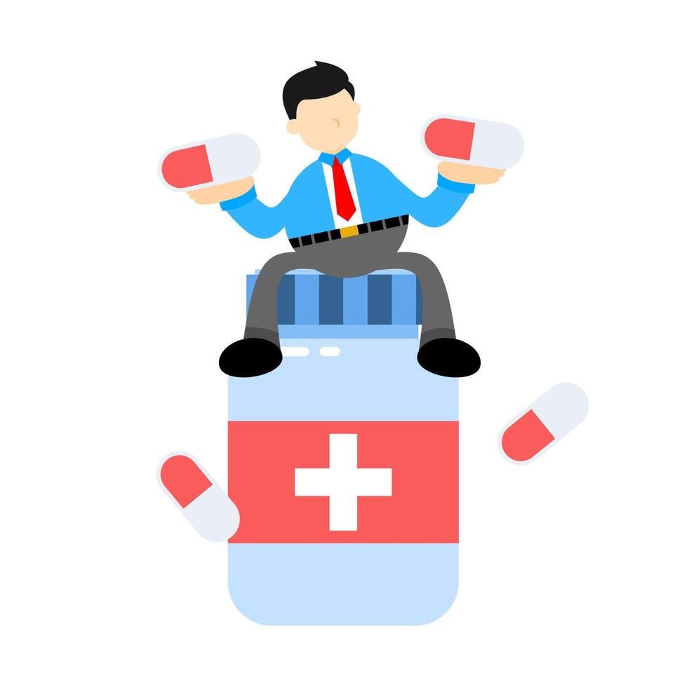 A man sitting on top of a pill bottle with pills vector