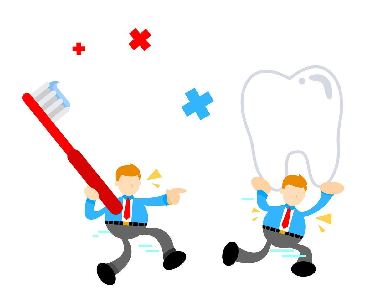 Two cartoon men are holding toothbrushes and one is holding a tooth vector