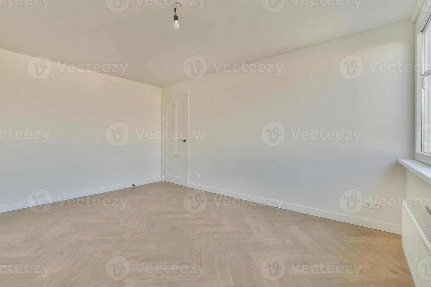 Empty room with white walls and wooden floors photo