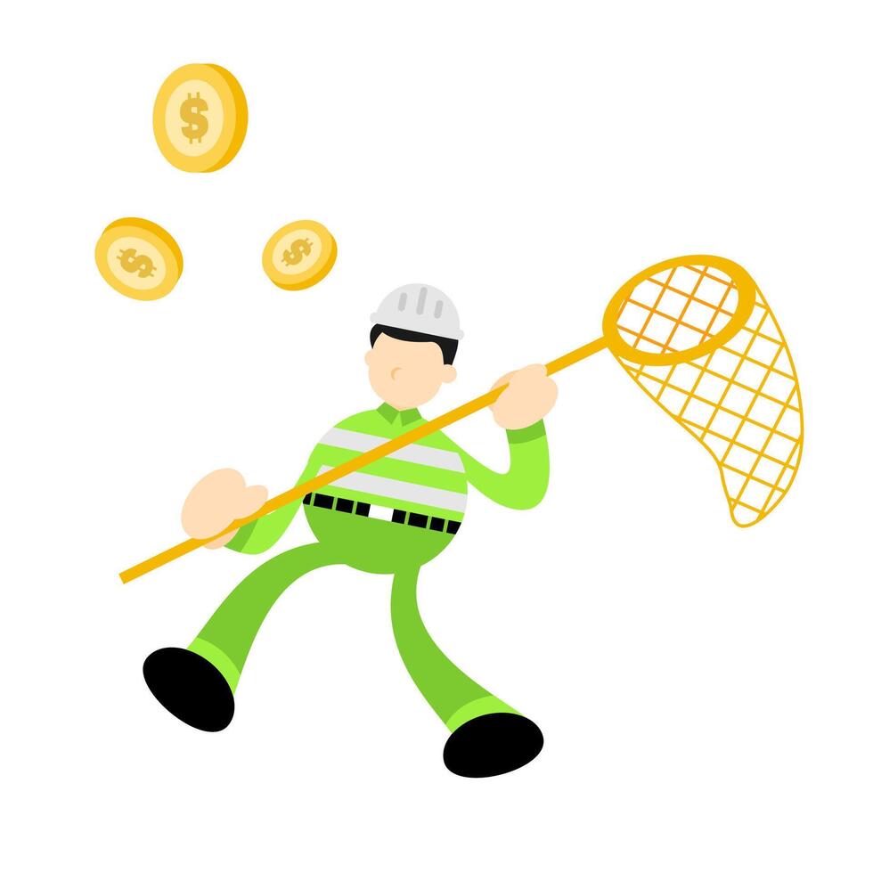 A cartoon man holding a net and catching money vector