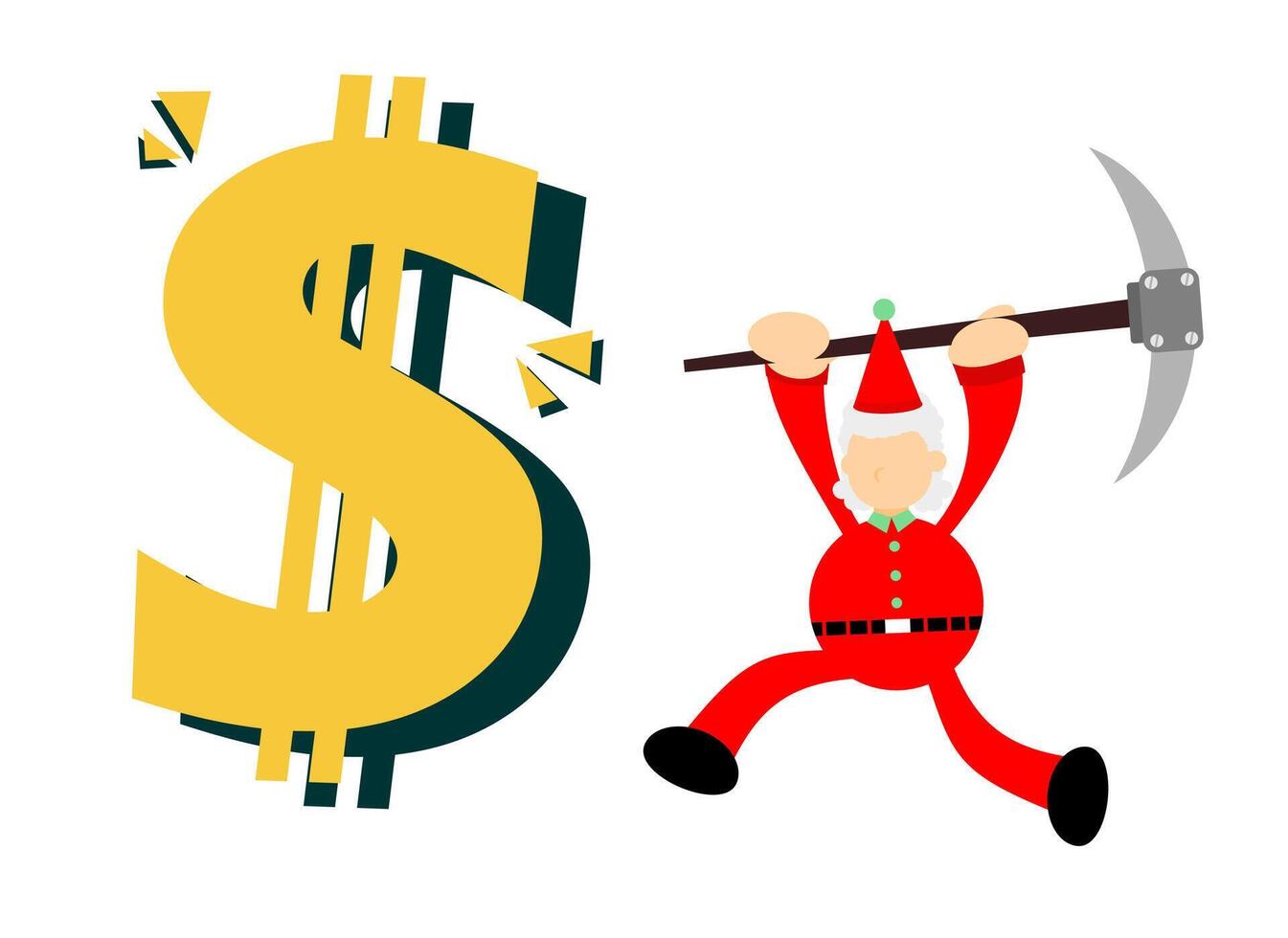 A cartoon santa claus holding a pickaxe over a dollar sign vector