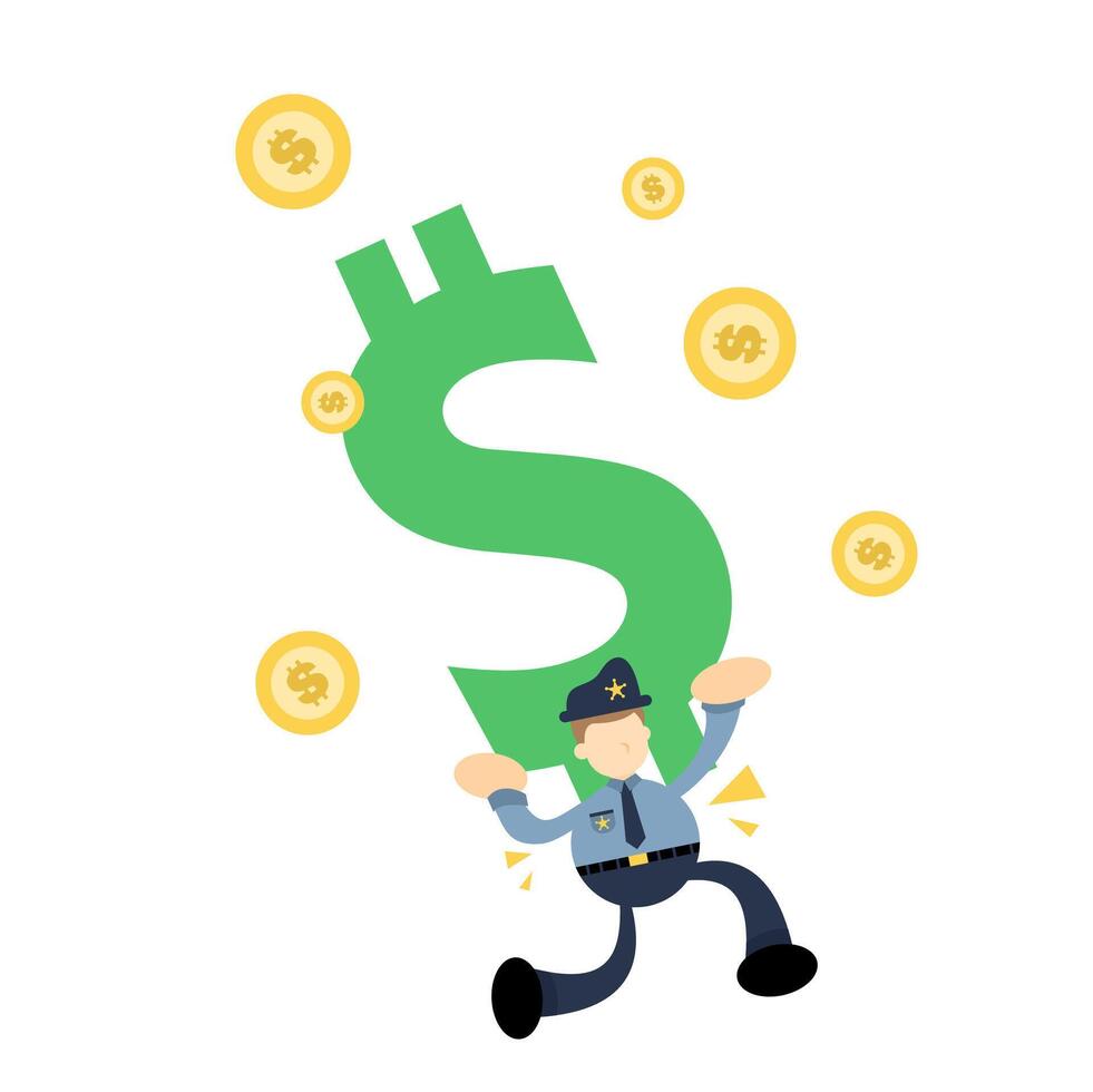A cartoon policeman is running with a dollar sign vector
