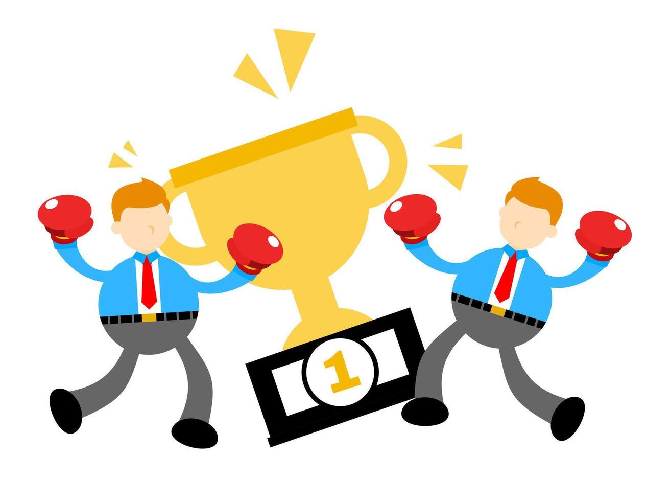Two businessmen with boxing gloves holding up a trophy vector