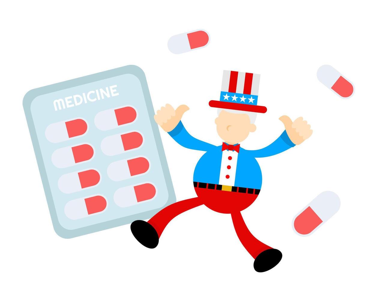 A cartoon uncle is holding a pill bottle and a tablet vector