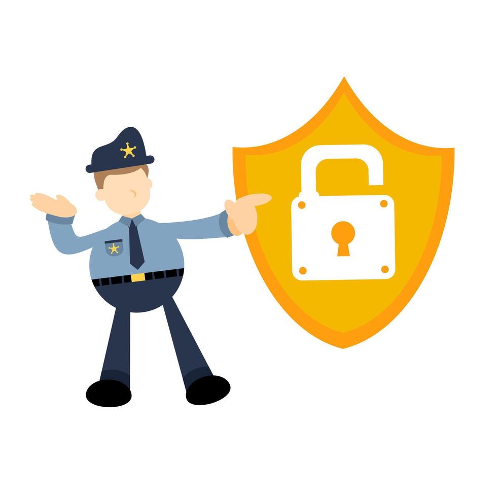 A cartoon police officer pointing at a shield with a lock on it vector