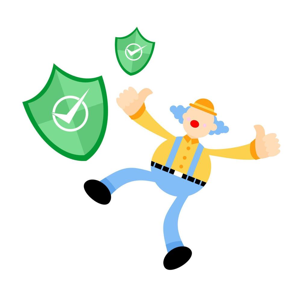 A cartoon man jumping over a shield with a thumbs up vector