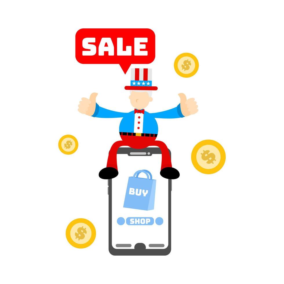 Us citizen on smartphone with sale sign vector