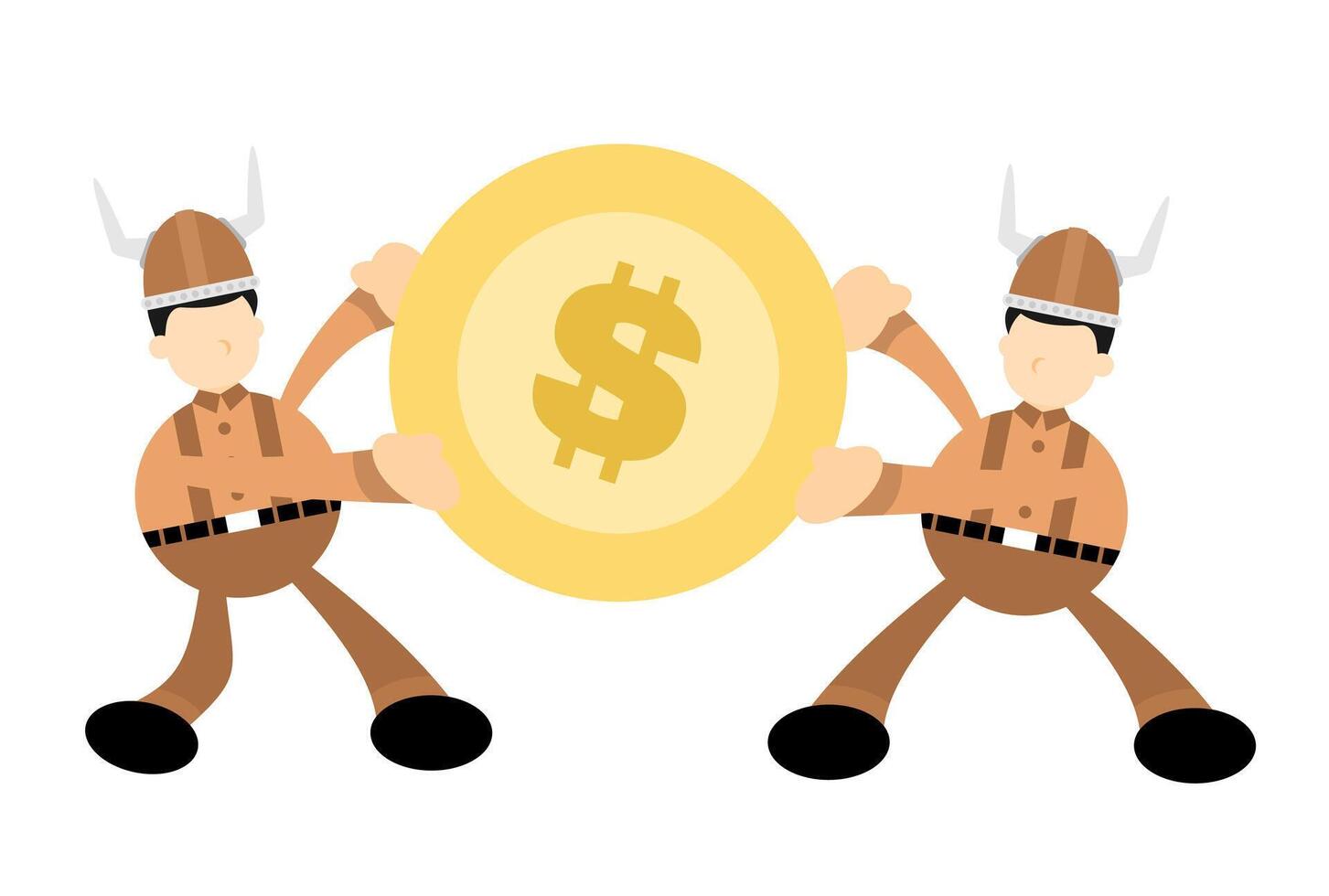 Two cartoon men holding a coin with a dollar sign vector