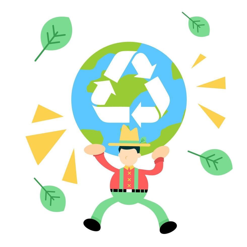 A man is carrying a globe with recycling symbols vector