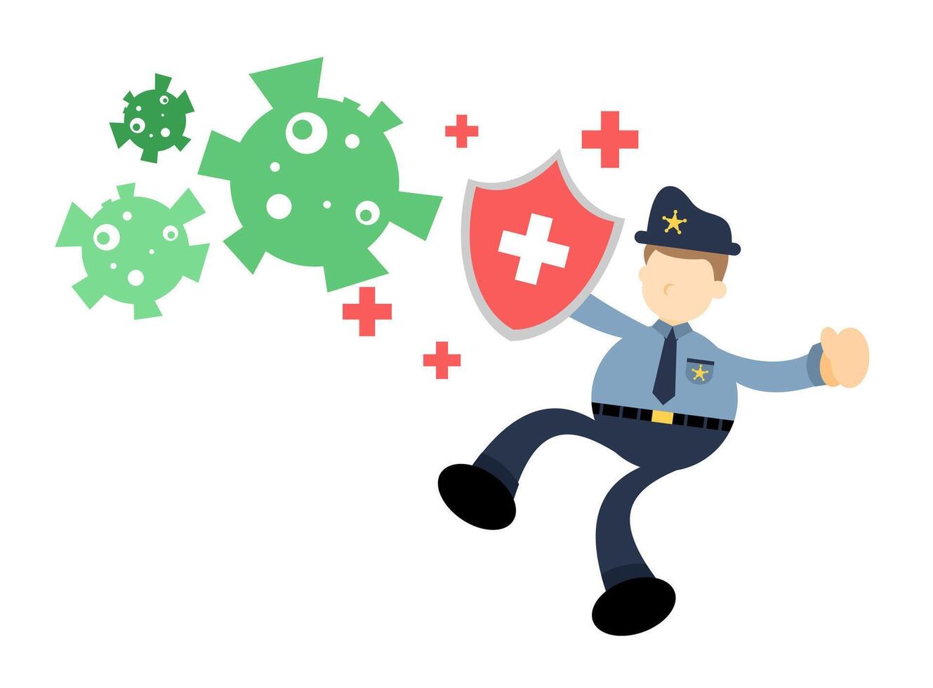 A cartoon policeman is holding a shield and running away from a virus vector