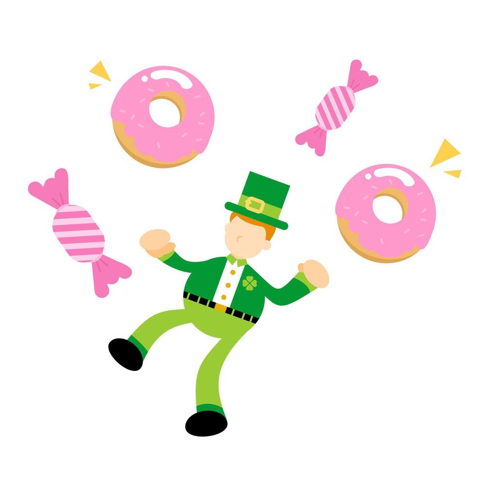 A leprechaun is jumping around with donuts vector