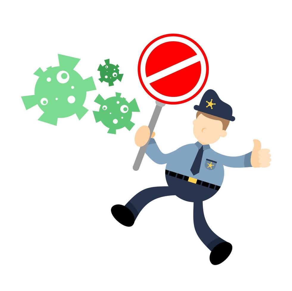 A cartoon policeman holding a sign that says no virus vector