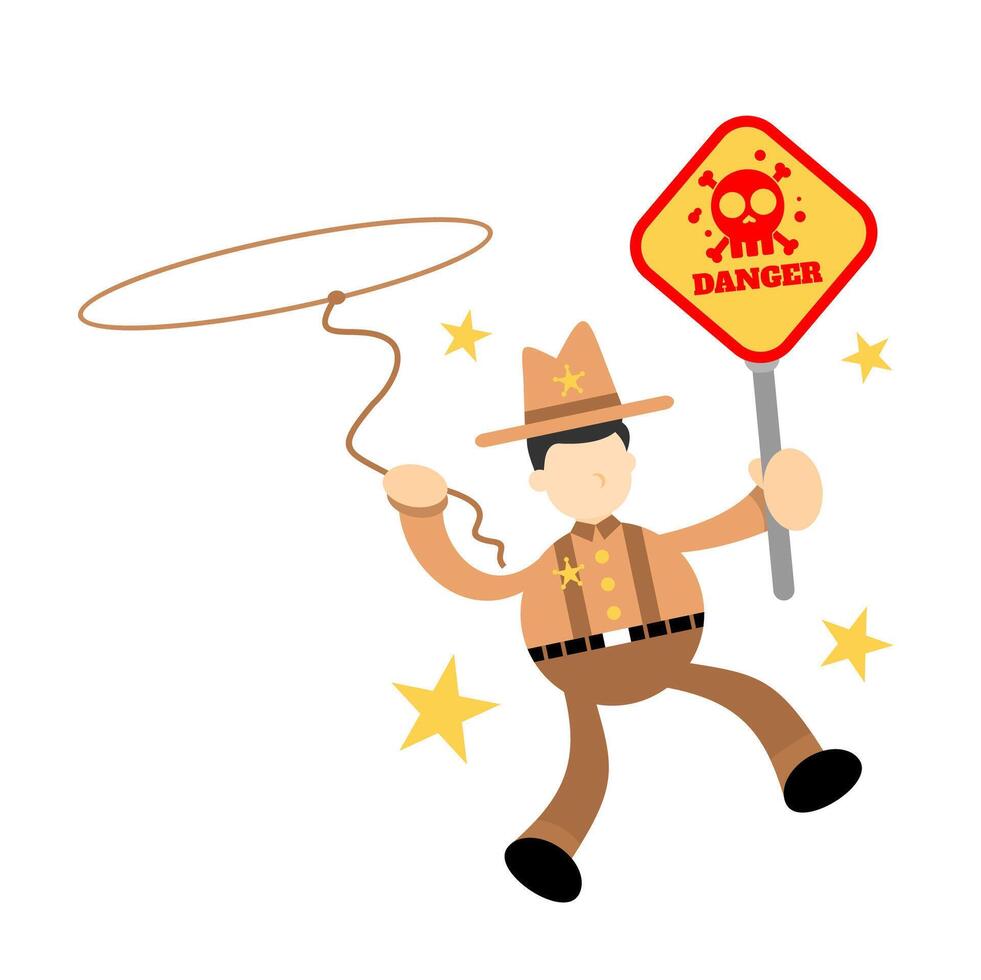 A cartoon cowboy holding a rope with a sign that says danger vector