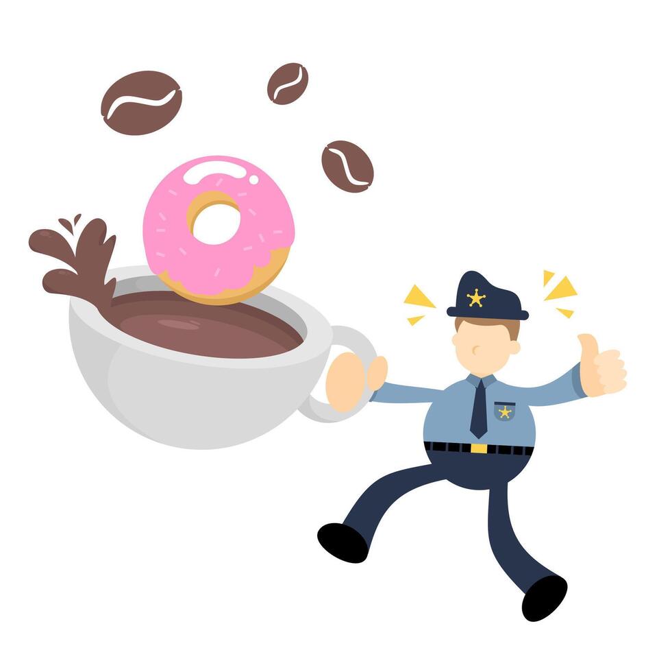 A police officer is throwing a donut into a cup of coffee vector