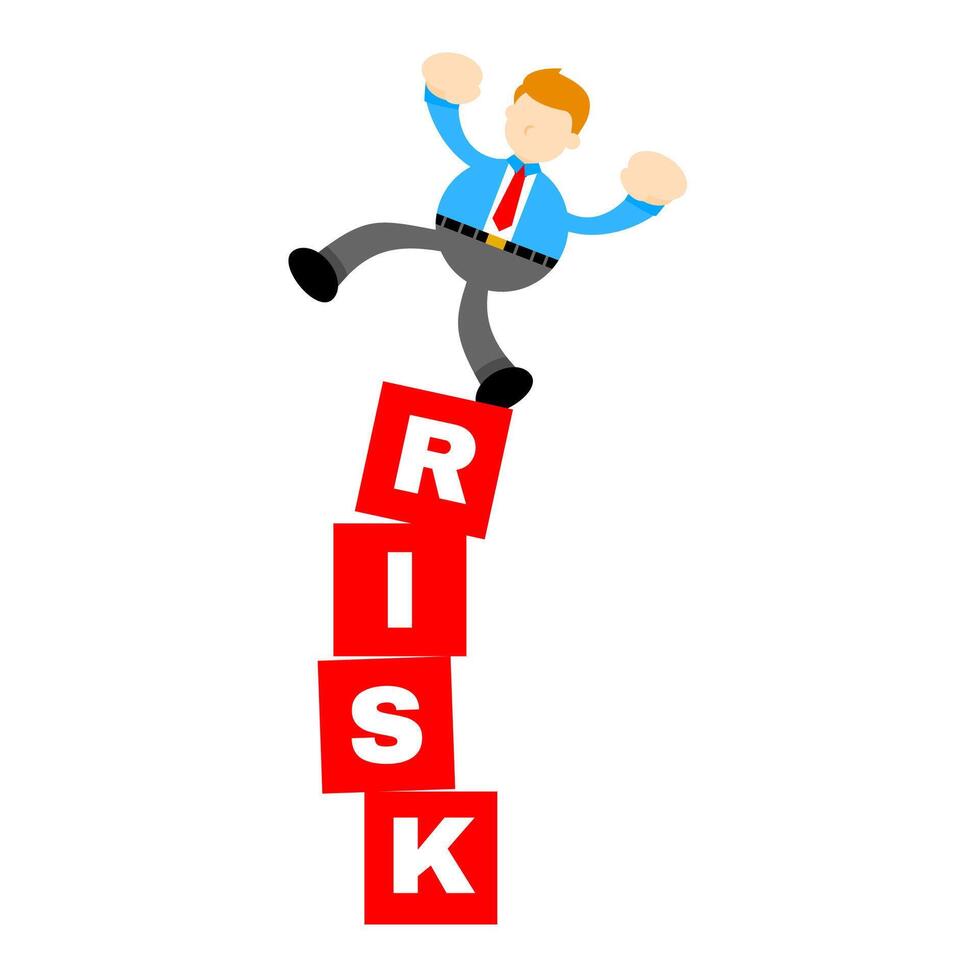 A cartoon man is jumping on top of a block with the word risk vector