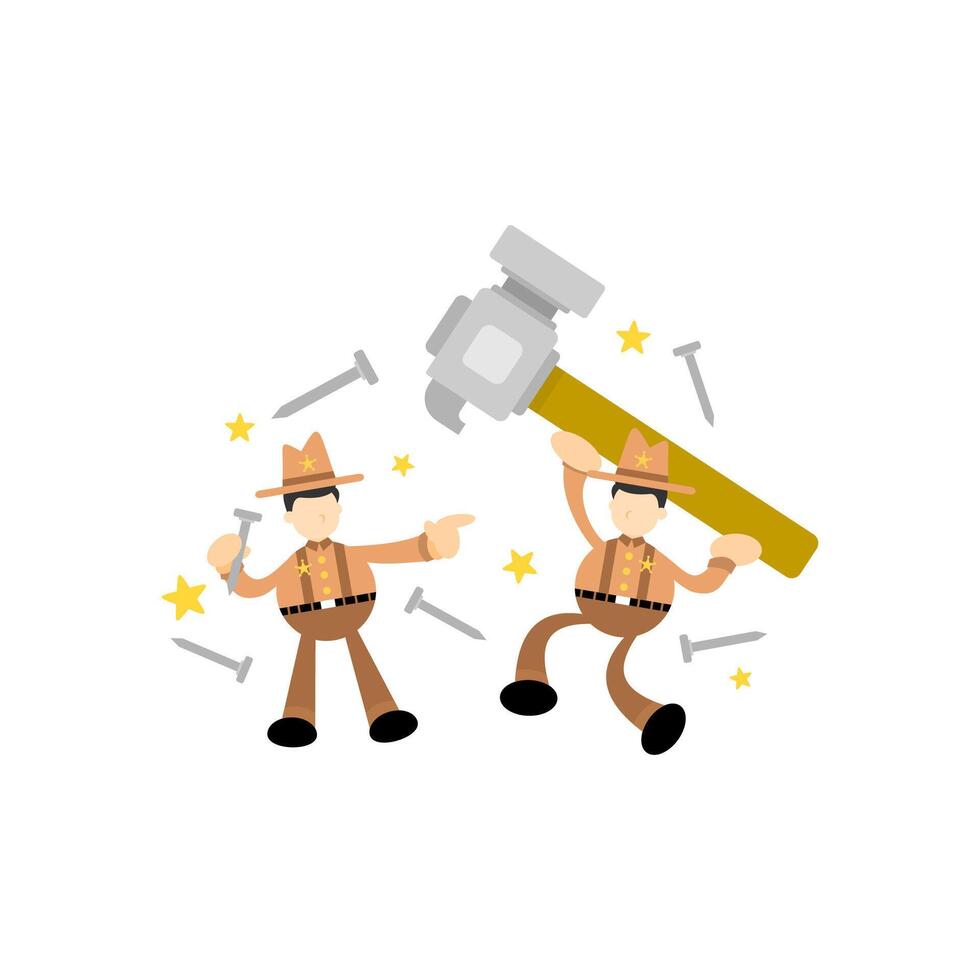 Two men in cowboy hats are holding a hammer vector