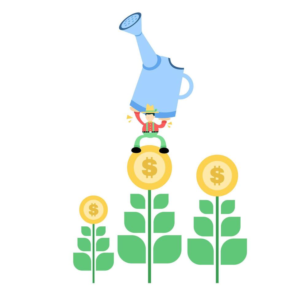 A man is watering money on a plant vector
