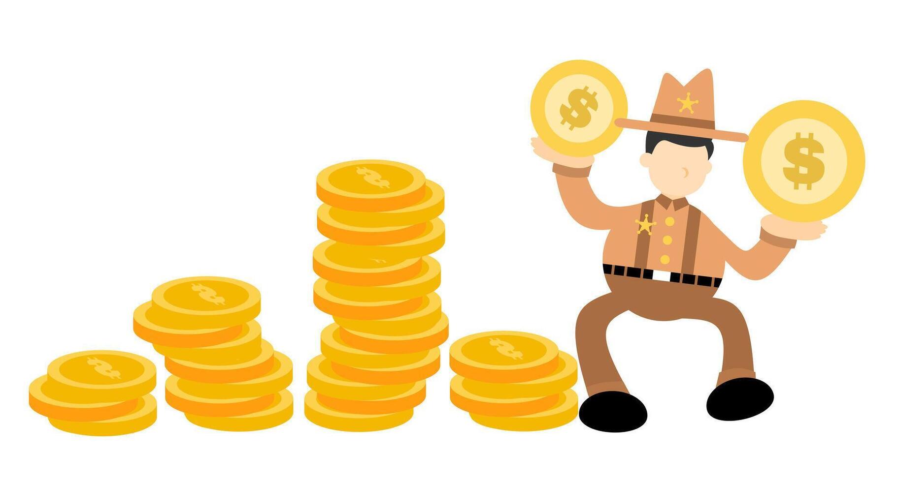 A cartoon cowboy is sitting on a pile of coins vector