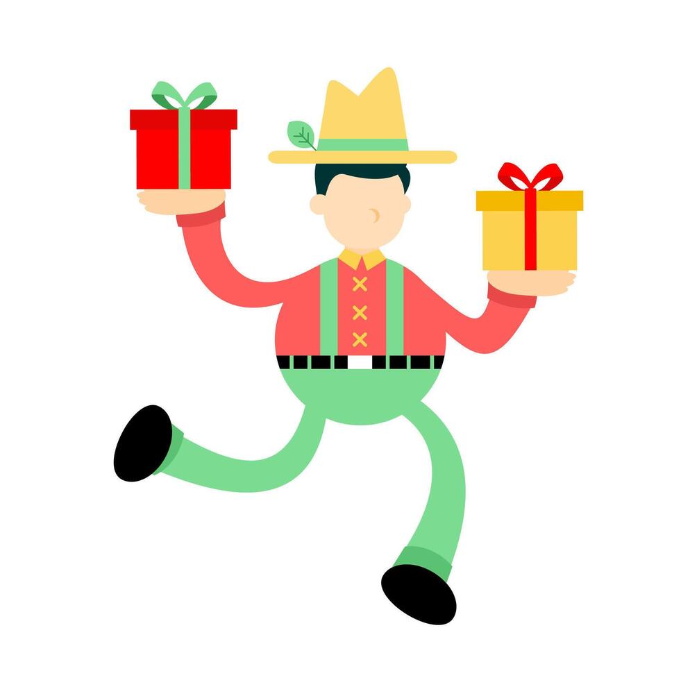 A man in a hat and green pants is running with two gifts vector