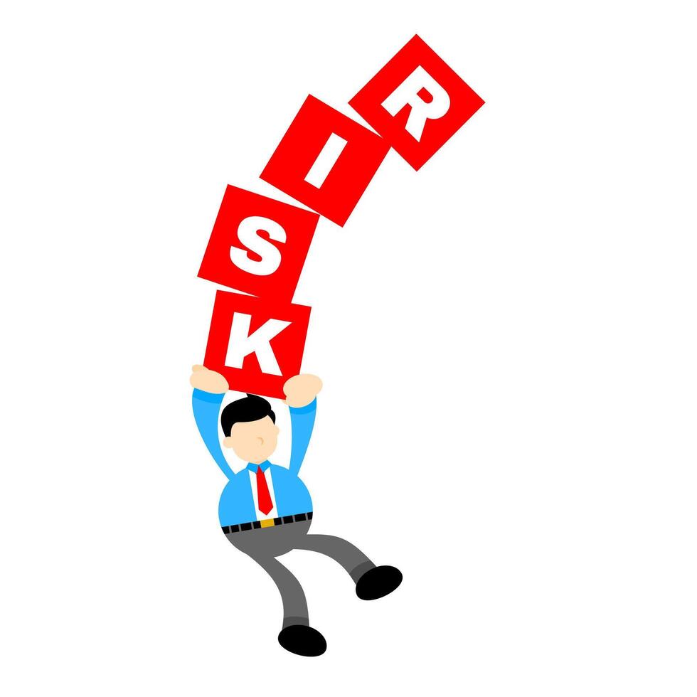 A cartoon man holding up a block with the word risk vector