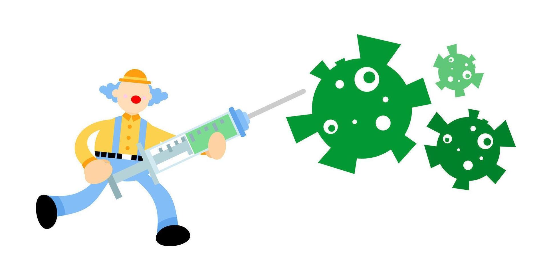 A cartoon man with a syringe and a green virus vector