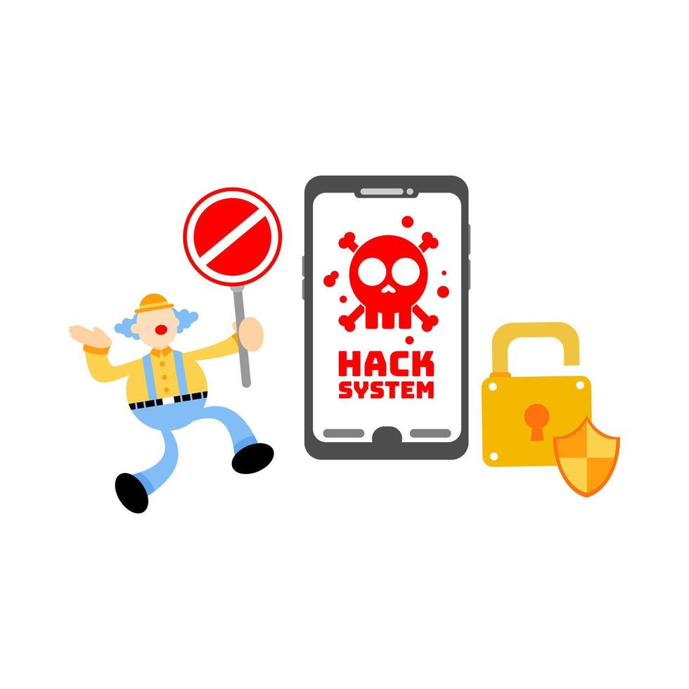 A cartoon man is holding a phone with a sign that says hack system vector