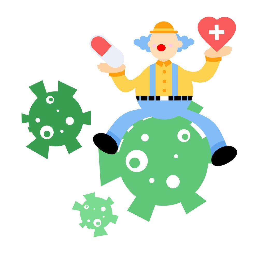 A clown sitting on a green heart and holding a pill vector