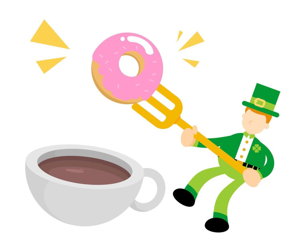 A cartoon leprechaun holding a donut and a cup of coffee vector