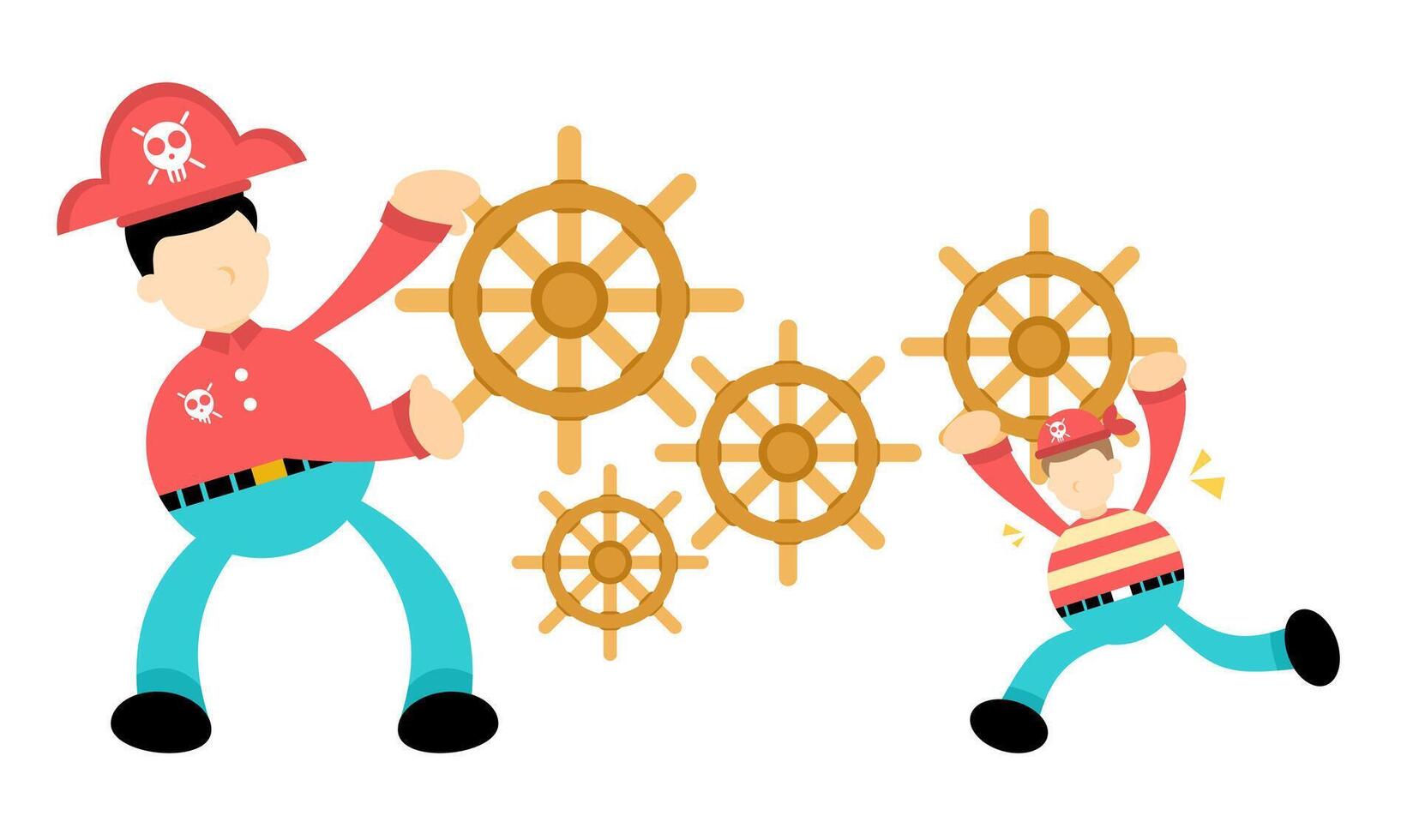 A cartoon pirate and a boy holding a steering wheel vector