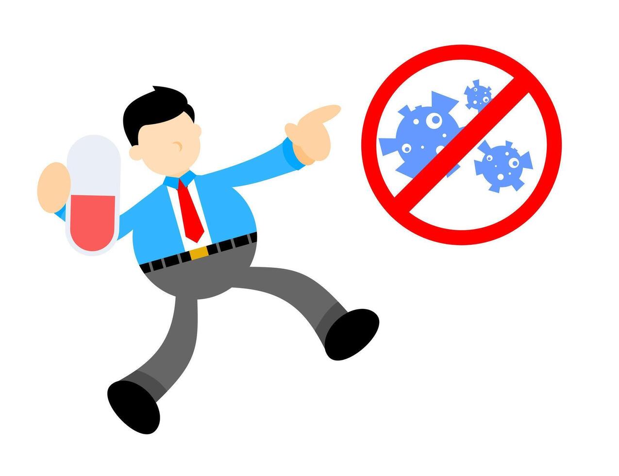 A cartoon man in a suit holding a pill and a no sign vector