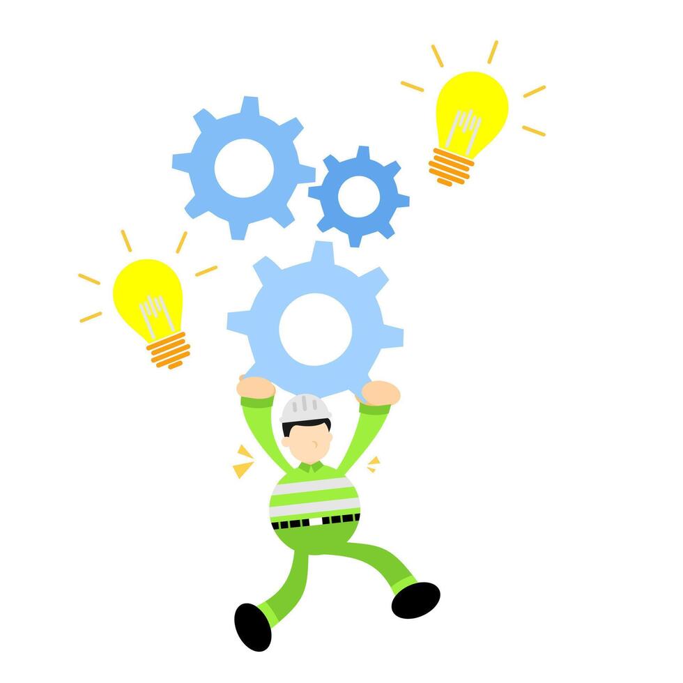 A cartoon man is holding up a gear wheel vector