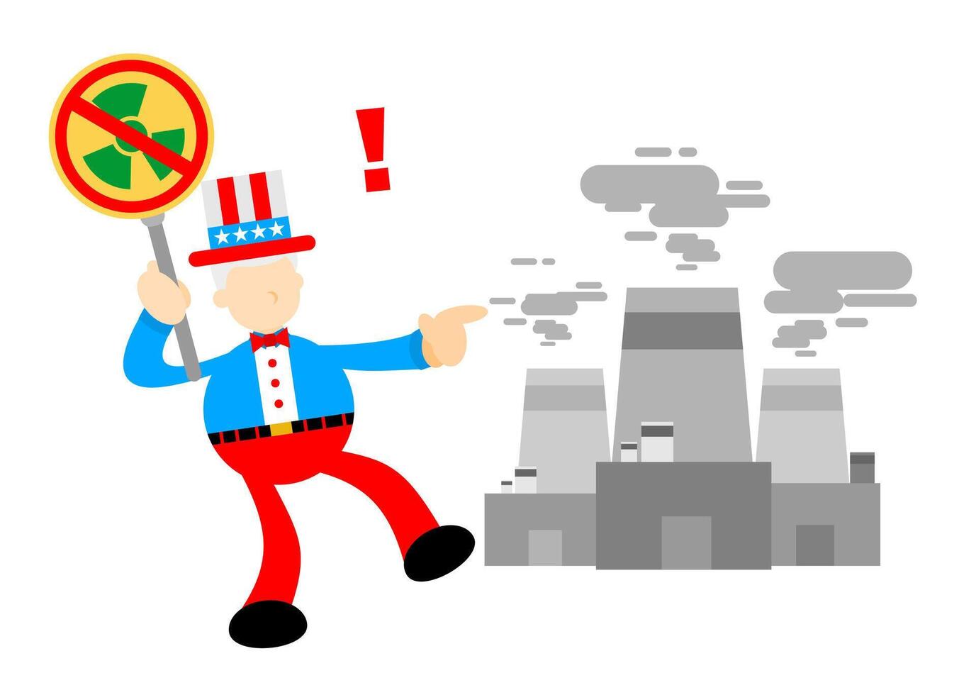 A cartoon man holding a sign with a nuclear power plant vector