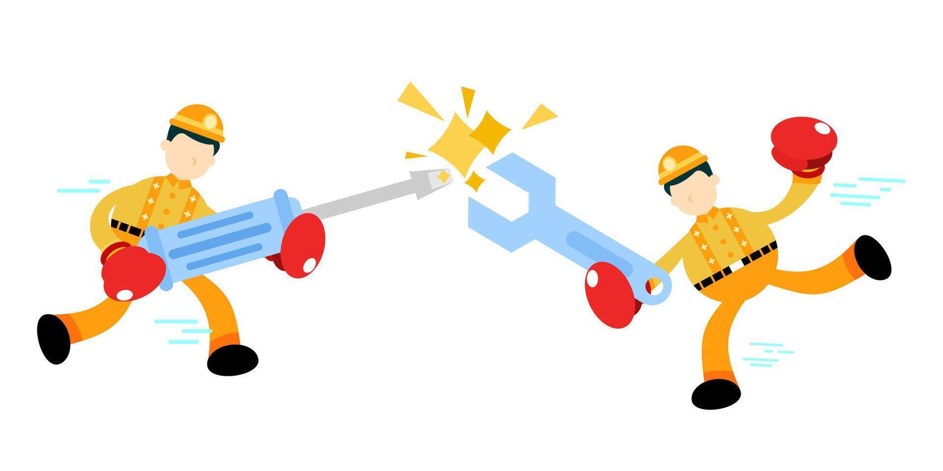 Two men in yellow and orange are holding a wrench vector