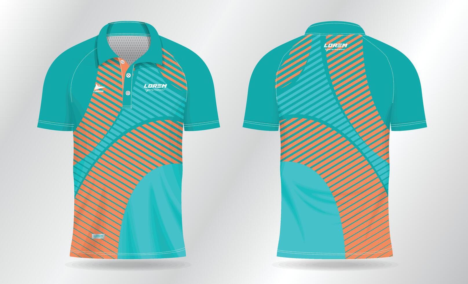 The front and back of a turquoise and orange polo shirt vector