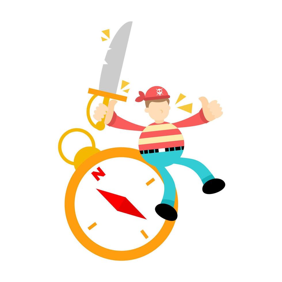 A cartoon pirate is sitting on a clock with a sword vector