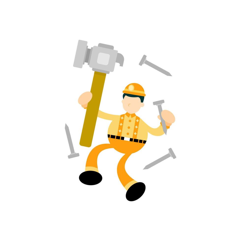 A man in an orange uniform holding a hammer vector