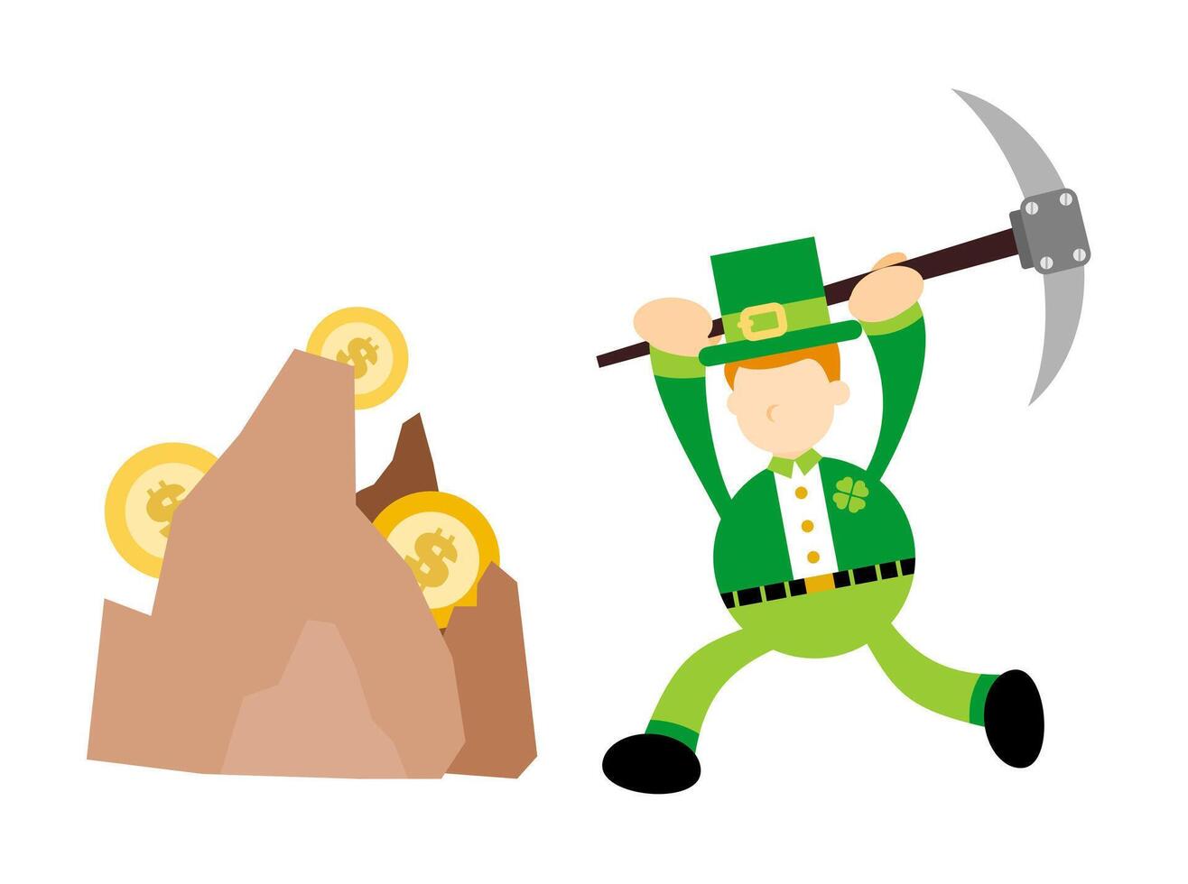 A cartoon leprechaun is digging a hole with a pickaxe vector