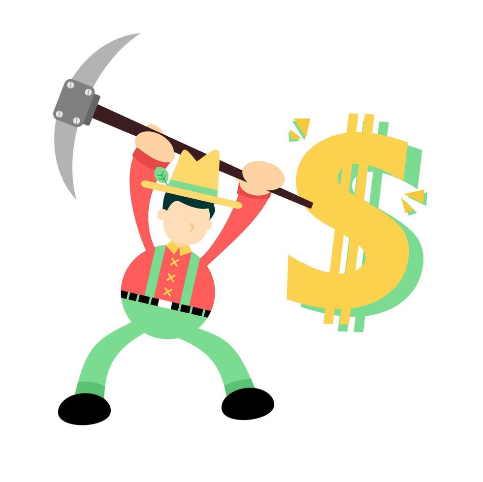 A cartoon man holding a pickaxe and a dollar sign vector