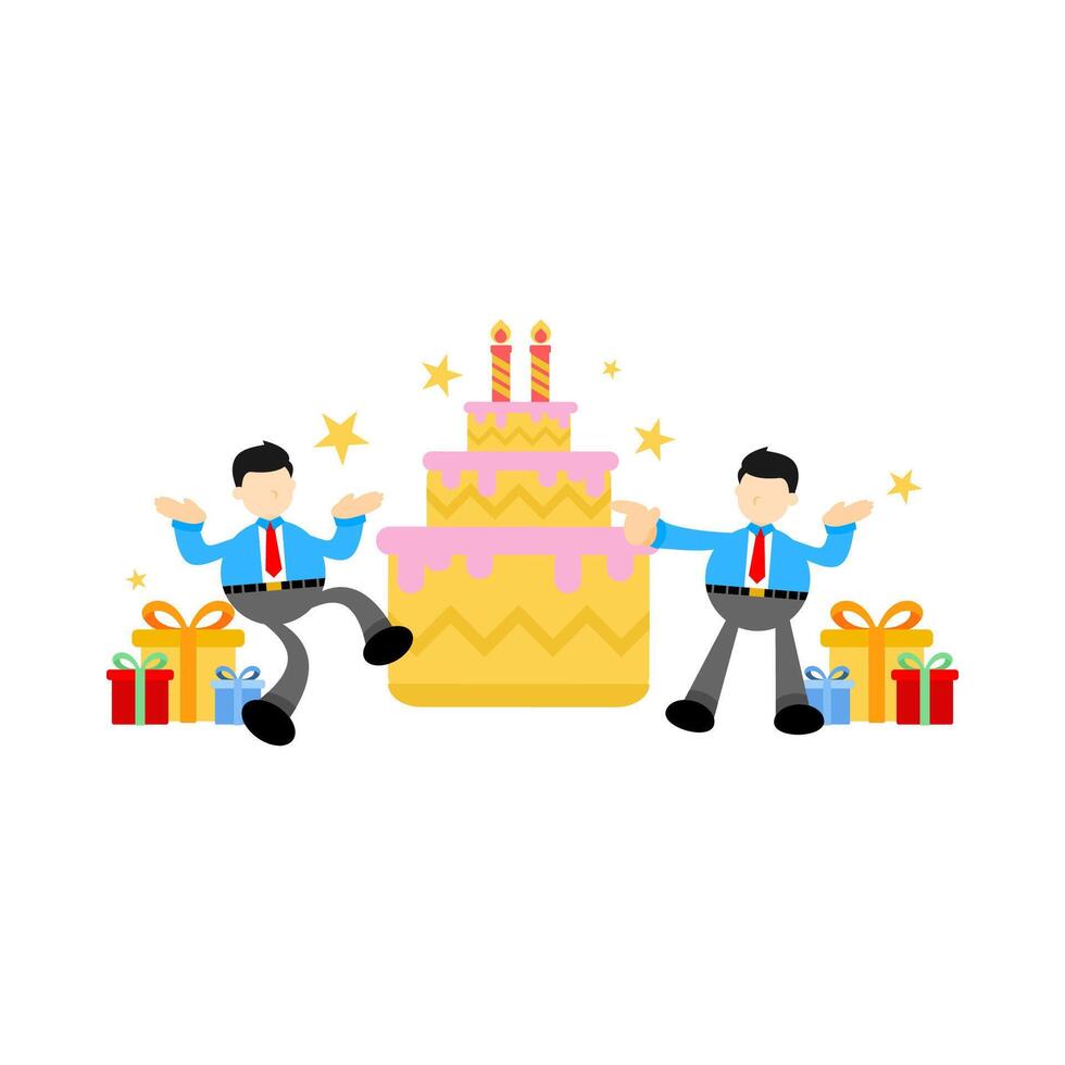 Two men are standing near a cake with candles vector