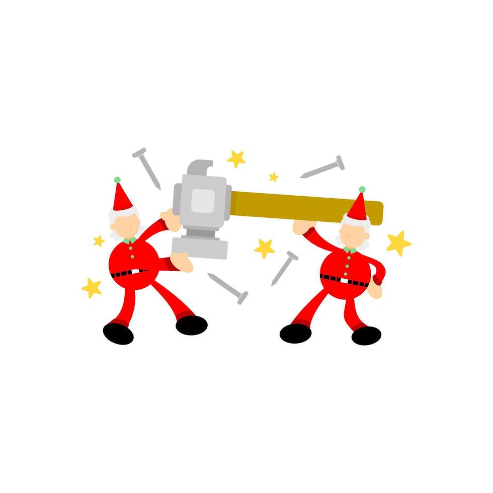 Two men in red suits holding a hammer vector