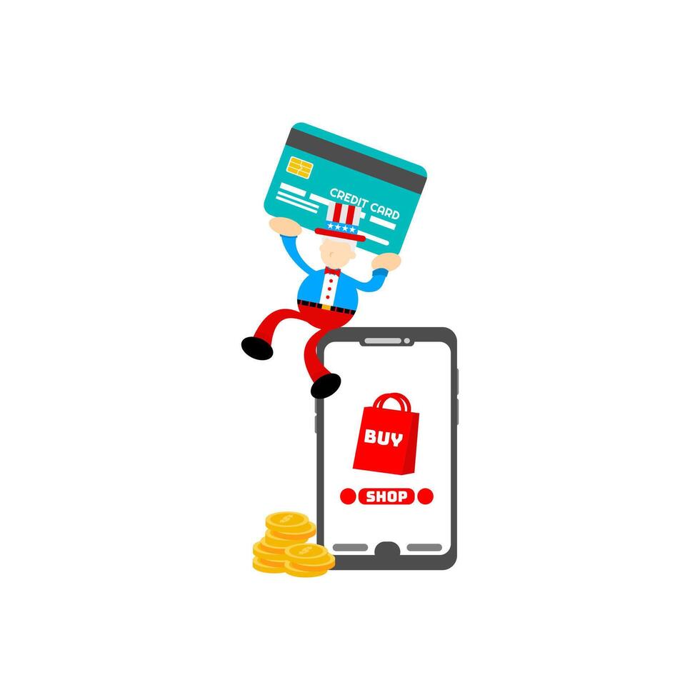 A man is holding a credit card over a phone screen vector