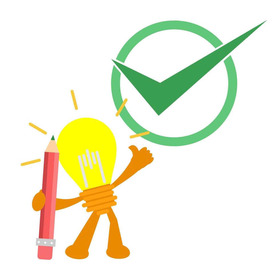 Idea character with pencil and tick vector
