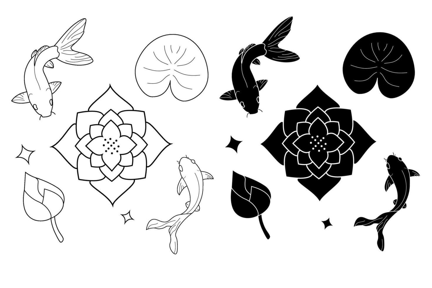 Koi fish with lotus flowers and leafs illustration. Japanese oriental colorful carps swimming. Chinese Asian traditional goldfish isolated on white background top view outline, tattoo, doodle. vector