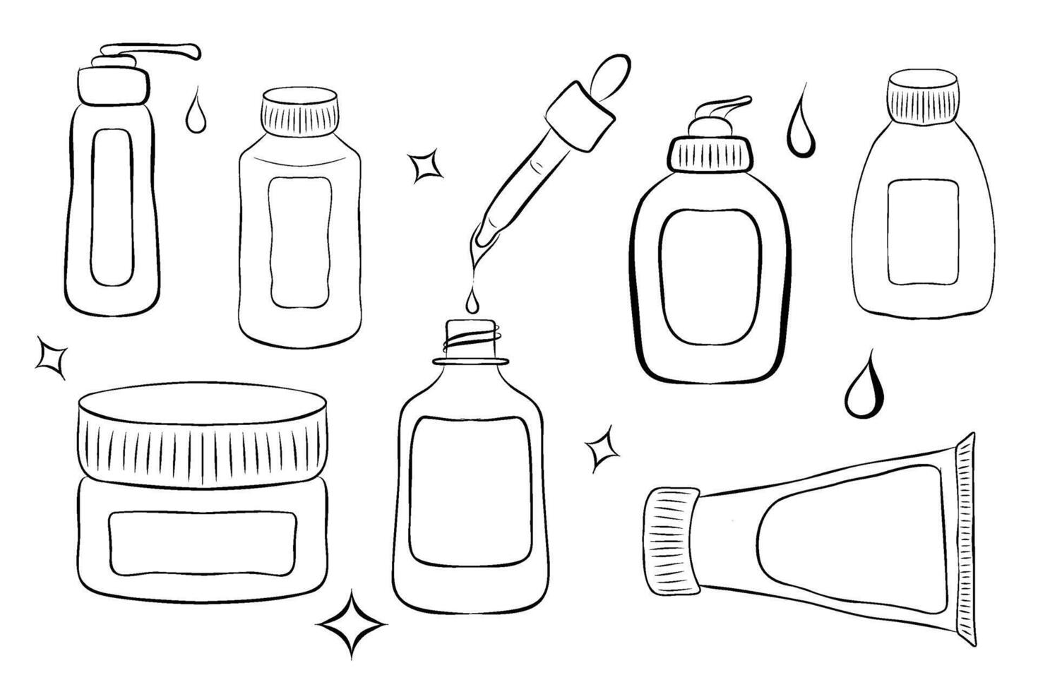 Cosmetic Bottles Signs Black Thin Line Icon Set Include of Cream, Lotion, Shampoo, Spray and Soap. illustration of Icons vector