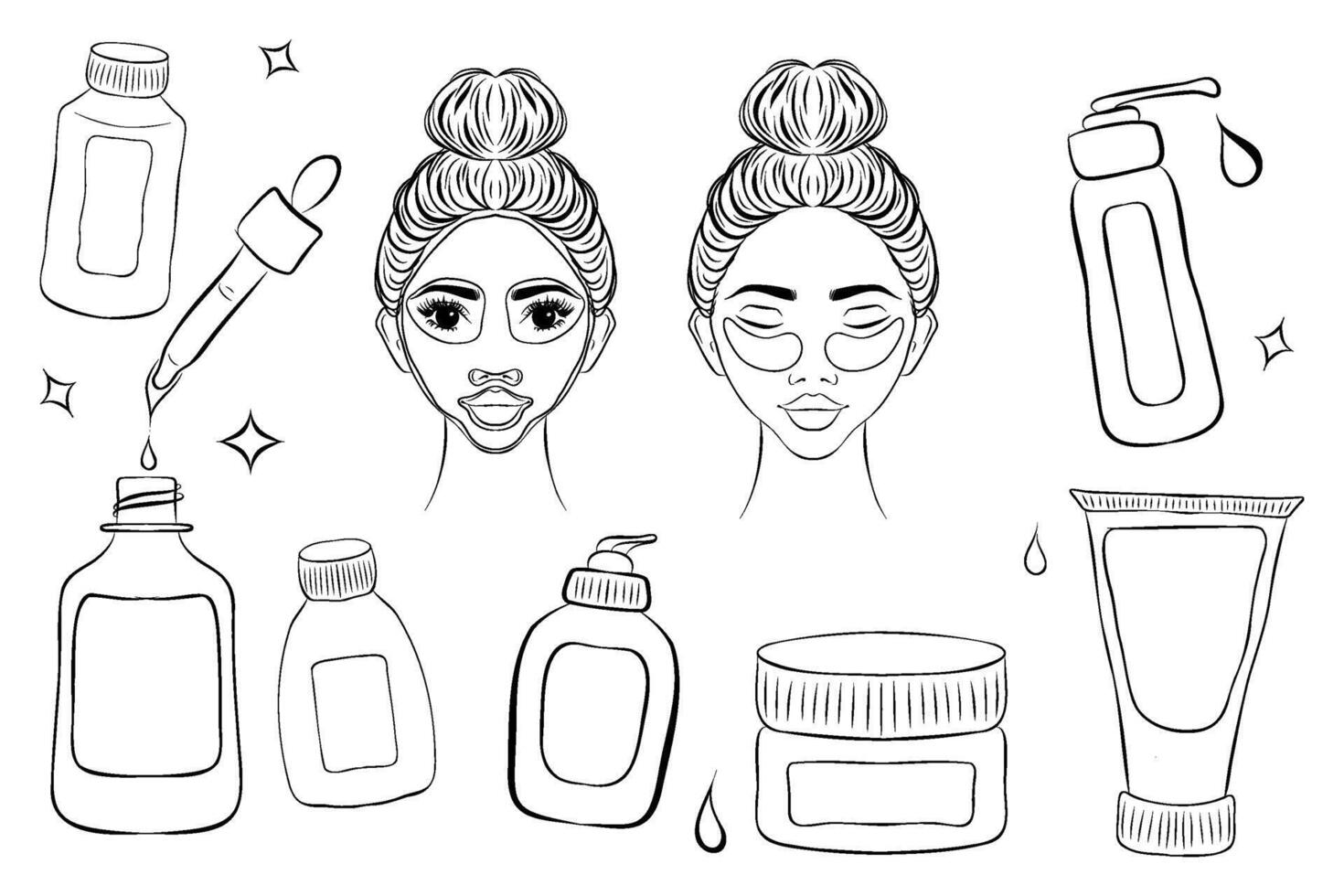 Cosmetic bottles thin monochrome icon set, black and white kit illustration skin routine vector