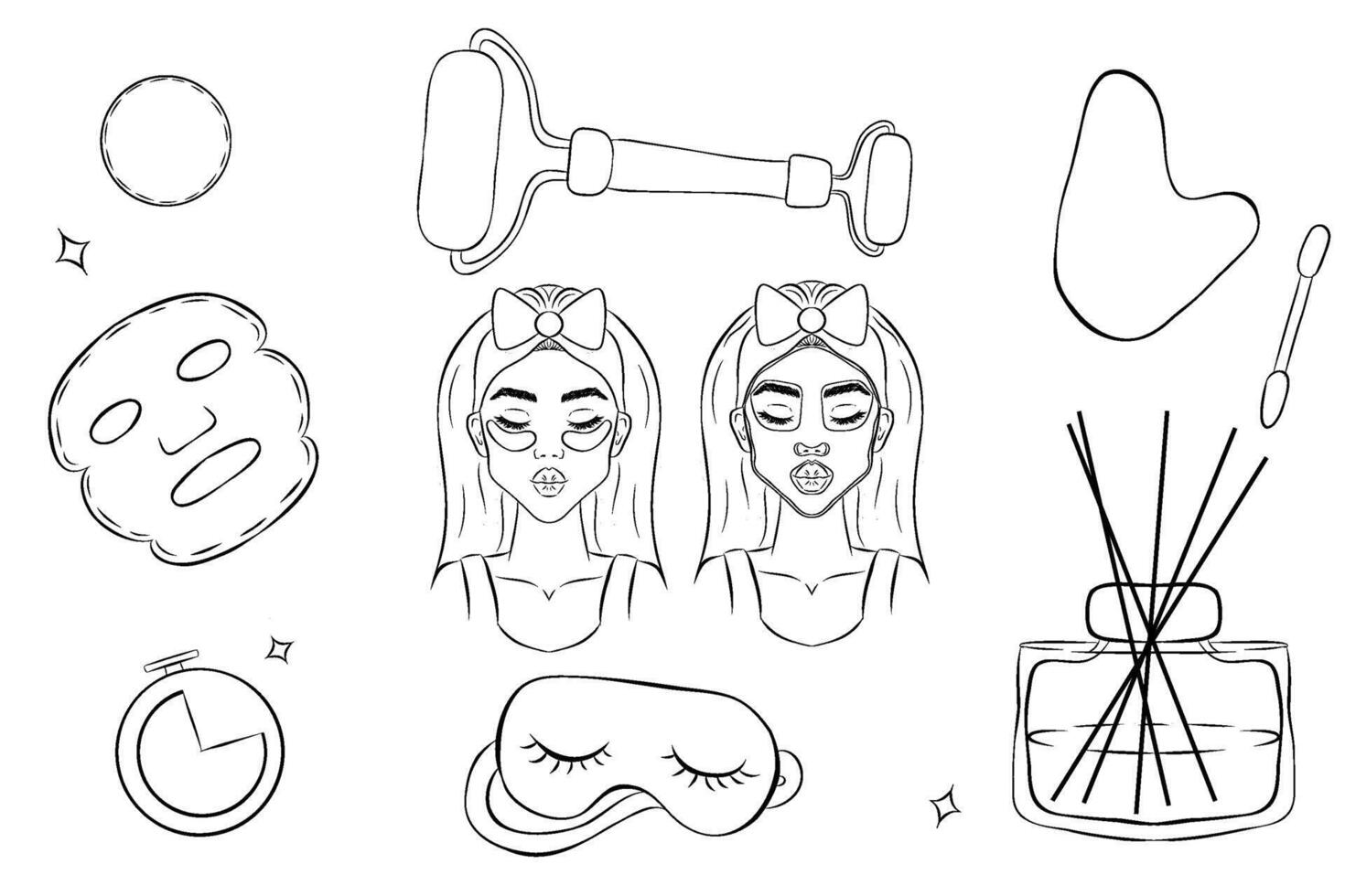 skin massage, sleeping mask, aroma diffuser skin care set. Simple outline style. Face, beauty, health, woman, healthy, mask, clean, fresh, girl, cleansing concept. vector