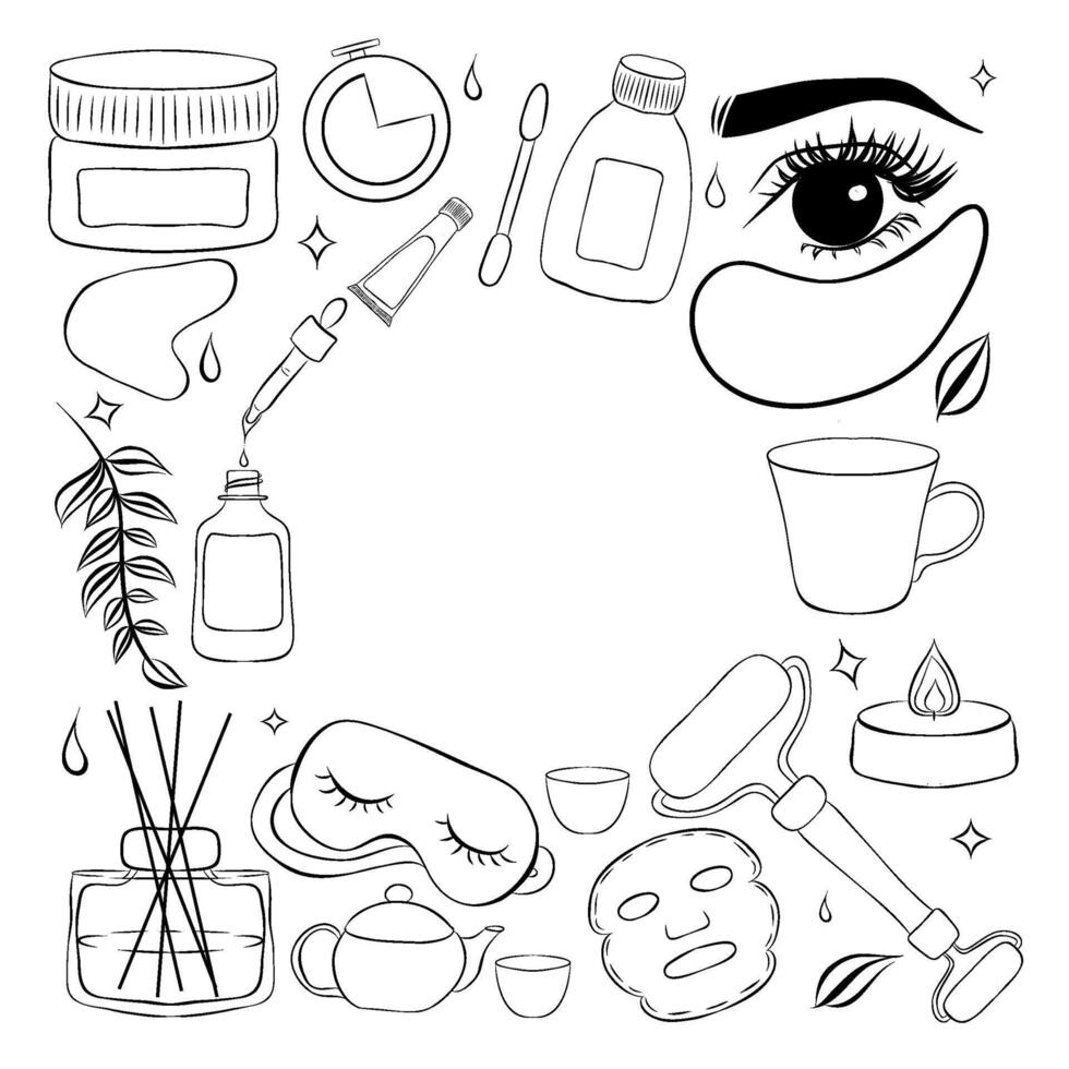 skincare routine tools frame. line frame with hand drawn illustrations of aroma diffuser, serum, sleeping mask, candle, eye patch, mug, cream and other cosmetics. vector